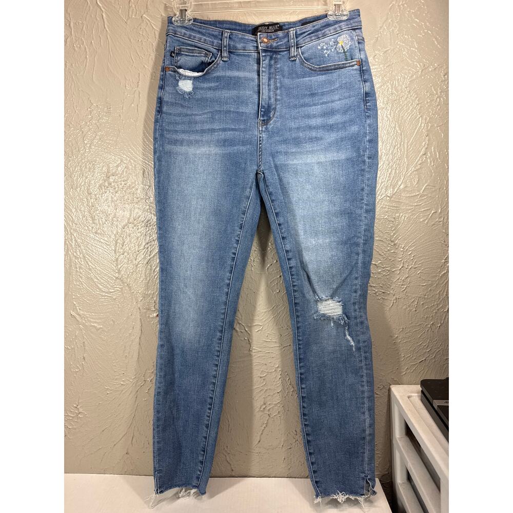 Judy Blue Jeans Womens Blue Denim Dandelion Distressed Skinny Stretch Size 11/30